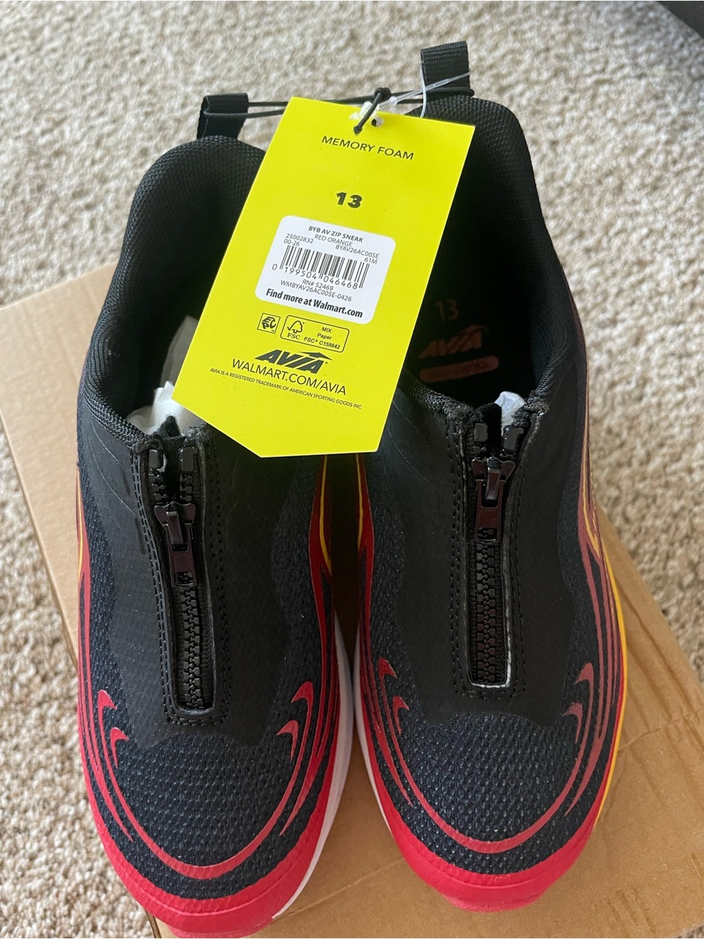 AVIA Memory Foam Zipper Slip-On Sneakers - Black/Red